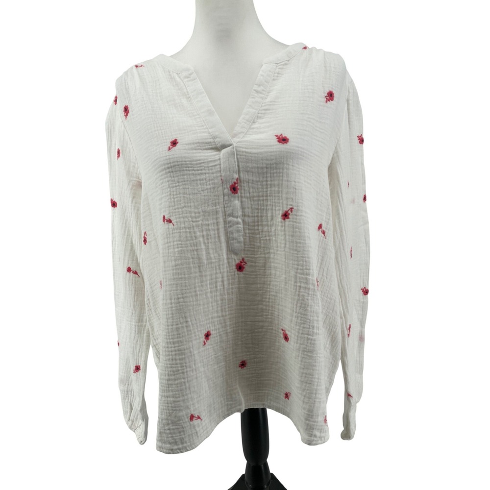 Embroidered Floral Gauze Top Womens Medium White Red Cottagecore Peasant Country